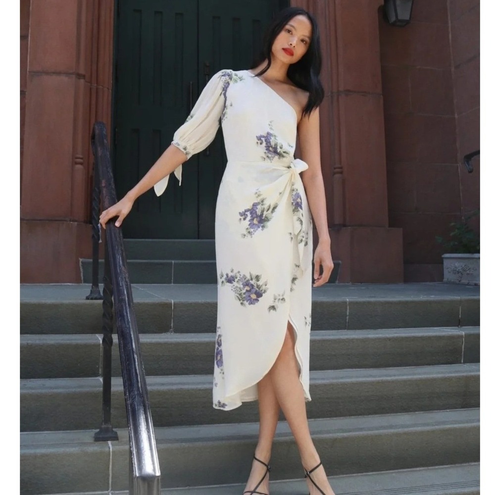 Reformation Rainey Dress Women 10 Floral One Shoulder Midi Wrap Slit Macadamia